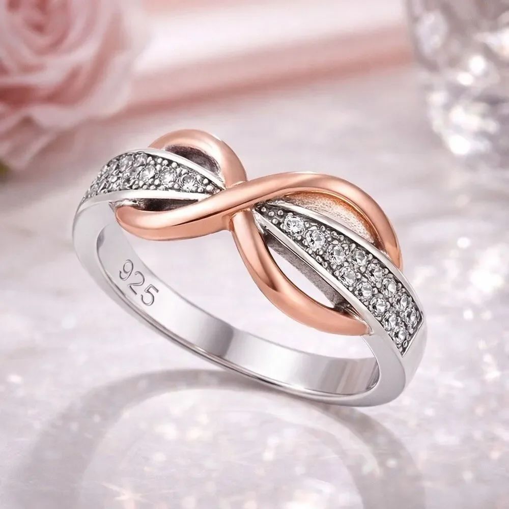 Sterling Silver Two-Tone Rose Gold Infinity Pave CZ Ring Womens Jewelry Size 8